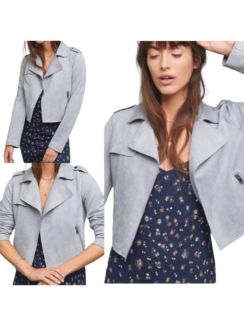 By Anthropologie Faux Suede Blue Expressway Moto Jacket Size XS Open Drape